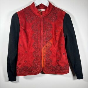 Coldwater Creek Red Faux Suede Embroidered Zip Jacket Petite Small Beaded Boho
